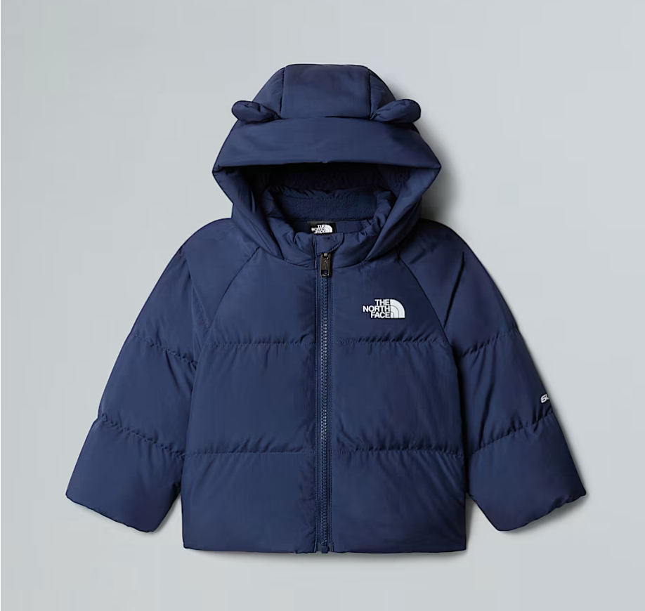 Giubbino in tessuto tecnico con imbottitura in piuma d'oca con orecchie su cappuccio NORTH DOWN BABYBLU THE NORTH FACE