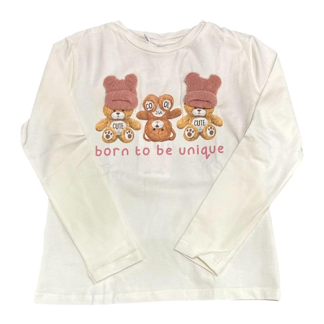 T-shirt da bambina con stampa teddy con applicazioni UE2040PANNA U+E'